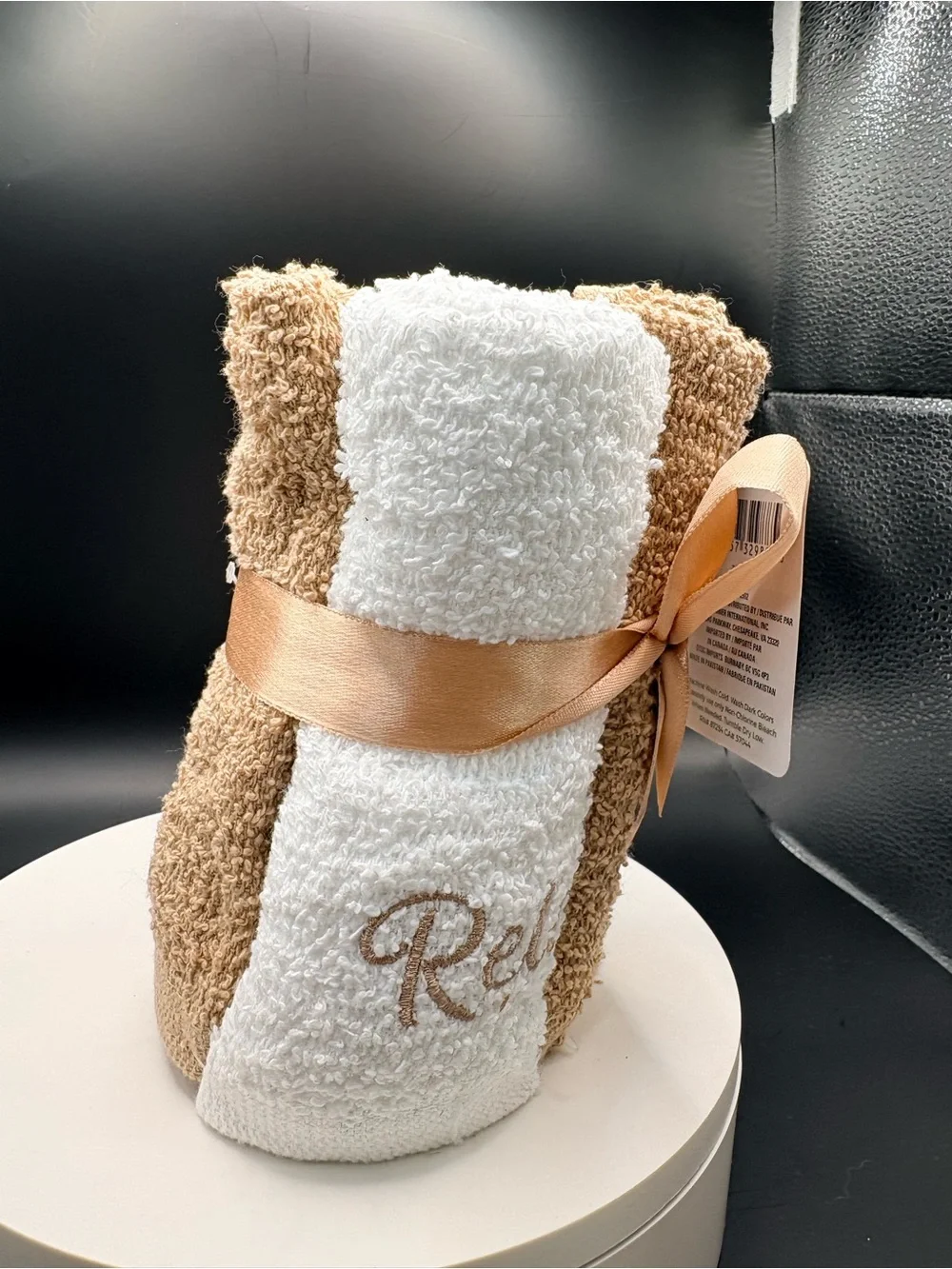 Plush Rolled Towel Set in White and Tan FOR GUESTS ALSO